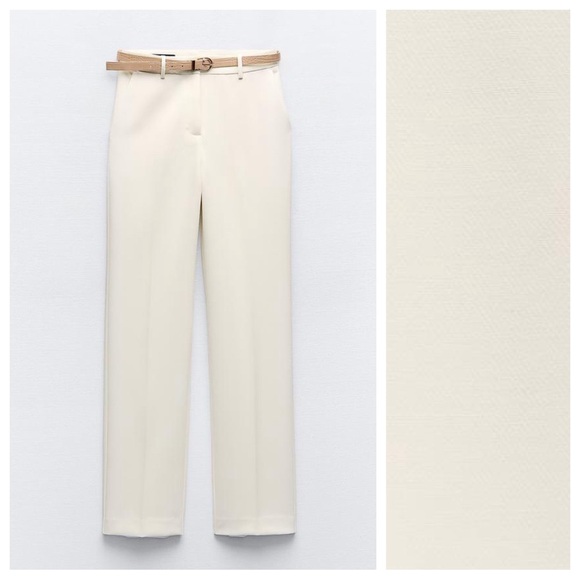 NWT. Zara Ecru Viscose Blend Belted Straight Leg Pants. Size S. - Picture 6 of 11